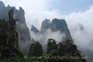Mysterious white mist winds through magnificent summit of knife-like stone peaks, the morning Sun & soaring birds and the blue sky are soaring high. Photographed high on Huang Shan, China.