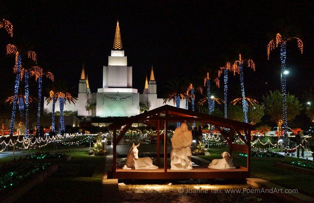 p- architecture - LDS Temple & Nativity Scene at Night, Oakland, CA