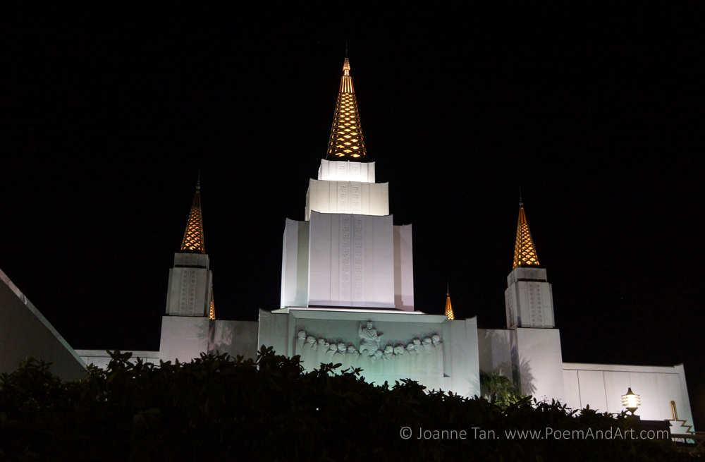 The Mormon Temple's 5 pyramids atop the building, lit up against the dark night.