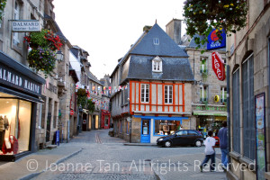 stone cobbled street flanked with stores, adorned mid air with hanging flower baskets and zigzag lines of little flags of many nationalities.