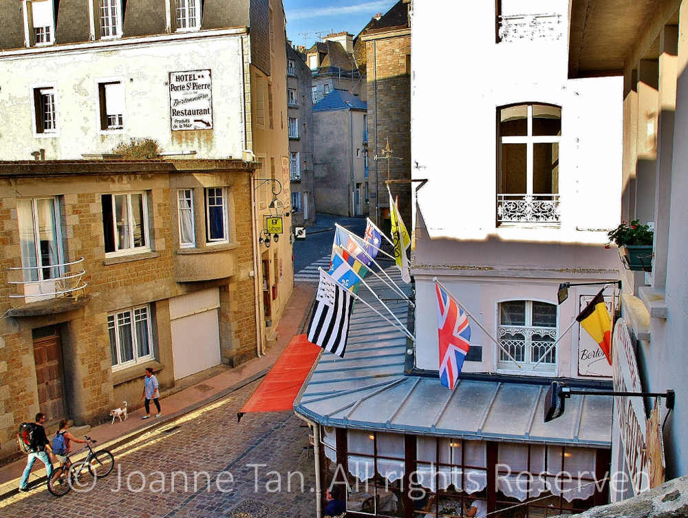 p- architecture - cityscape - French Street scene - Restaurant - national flags - St. Malo, Brittany, France