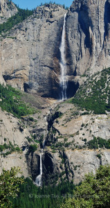 Falling water down the granite cliffs in Yosemite, with pines and green vegetation below.