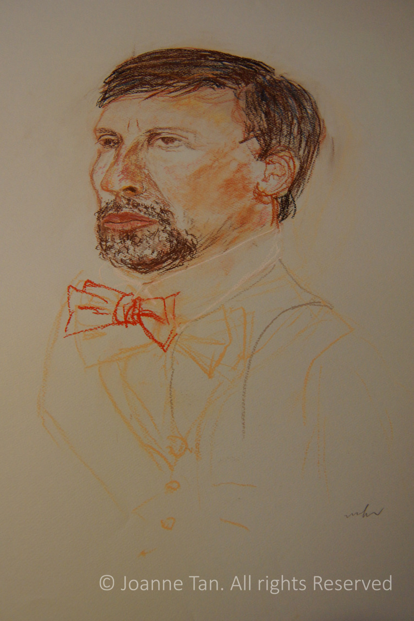 Drawing, Pastel, "A Gloomy Face of a Young Man with a Bow Tie", by Joanne Tan.