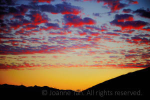 Glorious and brilliant orange, yellow, red, pink sky and neat cloud patterns above v-shaped silhouette of gentle slopes of northern California hills, photographed in Lafayette, CA.